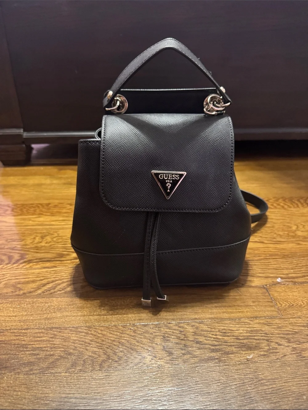 GUESS Black Saffiano Backpack with Chain-Strap Detail